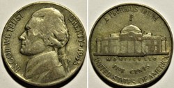 1943 Five Cents Phildelphia ("Jefferson Wartime Nickel", 1st Portrait)