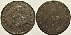 Pio IX, Pope - ½ Soldo 1867, Anno XXI - Roma, Vaticano