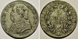 Pio IX, Pope - 5 Soldi 1867, Anno XXI - Vaticano