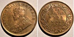 George V - One Quarter of Anna 1936 Calcutta - British India Empire