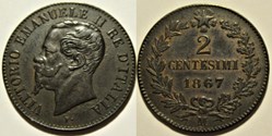 1867 Royaume d'Italie, 2 Centesimi, Milano - Vittorio Emanuele II (ex.3) Error