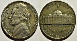 1945 Five Cents Phildelphia ("Jefferson Wartime Nickel", 1st Portrait)