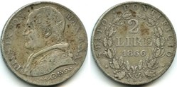 Pio IX, Papa - 2 Lire 1866, Anno XXI - Vaticano