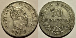 1867 Royaume d'Italie, 50 Centesimi, Napoli - Vittorio Emanuele II (Error)