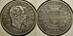 1869 Regno d'Italia - 5 Lire, Milano- Vittorio Emanuele II