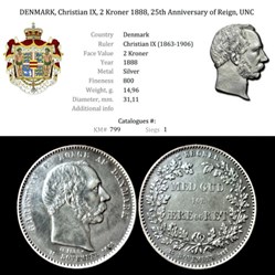 Christian IX Denmark - 2 Kroner 1888 - Anniversary of Reign