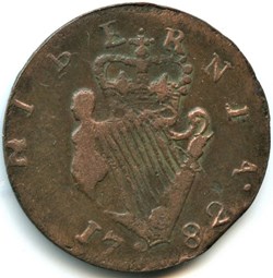 1782 Half Penny No Regal, Hibernia - George III of Great Britain (ex.3)