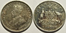 George V - Three Pence 1921 Melbourne, Australia