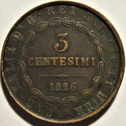 1826 Royaume de Sardaigne, 3 Centesimi P, Genova - Carlo Felice