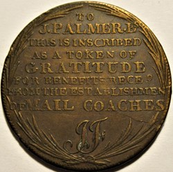 ca. 1797 HalfPenny - Palmer's Mail Coach, Middlesex, England (var)