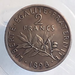 2 francs 1898 pré-série au grand 2 sur flan mat et tranche lisse avec essai