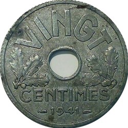 VINGT centimes 1941 à cannelures larges