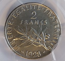 2 francs 1928 essai piéfort MS62