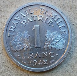 1 franc 1942 première frappe aux croix dans les globules