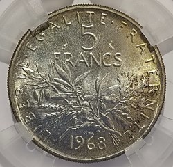 5 francs 1968 pré-série nickel MS64