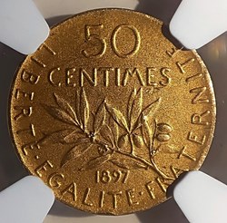 50 centimes 1897 flan mat piéfort en or MS61