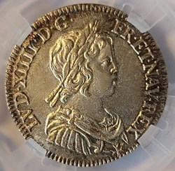 1/4écu 1644 A point à la mèche courte MS63