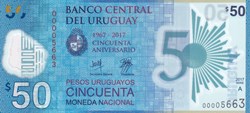 50 Pesos Uruguayos Banco Central del Uruguay 2017 Unc Pick 100