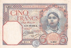 1928  Pick77a  5 Franc algérien    Sup