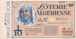 Loterie Algérienne 1/10éme 6éme Tranche 1938