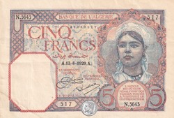 1929 Pick77a 5 Franc algérien TTB+