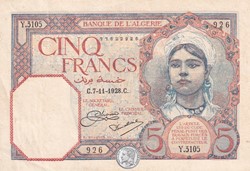 1928  Pick77a  5 Franc algérien    Sup+