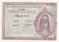 1945 Pick92b.3 594 20 Franc algérien Unc