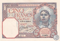1929 Pick77a 5 Franc algérien aunc