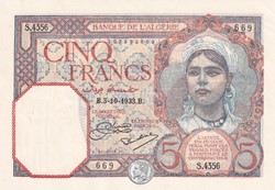 1933 Pick77a.1 5 Franc algérien 669 Unc