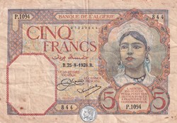 1926  Pick77a  5 Franc algérien  Tb