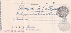 Très rare Chèque Banque Algérie avec filigrane LION