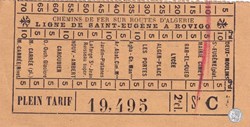 Ticket billet tramway d'Alger "Chemins de Fer sur routes d'Algérie / Ligne St Eugène à Rovigo"