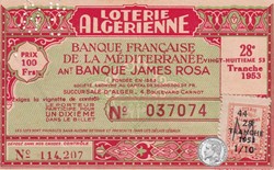 Loterie Algérienne 1/10éme 28éme Tranche 1953