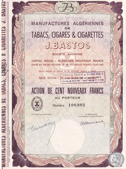 ALGERIE - ALGER 1963 - Ste ALGERIENNES DES TABACS, CIGARES, CIGARETTES : J. BASTOS - ACTION 100 NF