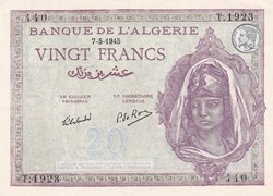 1945 Pick92b.3 20 Franc algérien 440 Unc