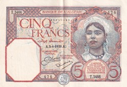 1929 Pick77a 5 Franc algérien Sup