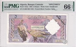 1964 Pick122s1  5 د.ج - SPÉCIMEN N°1556  Dinar algérien Spécimen 550€  UNC PMG 66