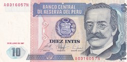 10 Intis  Banco Central de Reserva del Perú  26.06.1987 Unc Pick 129