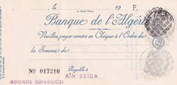 Très rare Chèque Banque Algérie avec filigrane LION