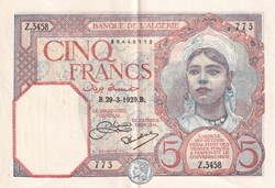 1929 Pick77a 5 Franc algérien Sup