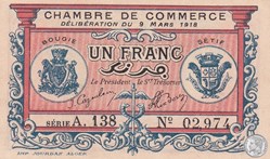 139-6- 9/3/1918 Bougie Sétif 1 Franc Cdc Séries A.138