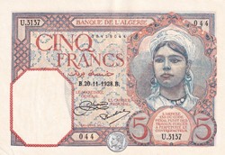 1928  Pick77a  5 Franc algérien  044  SPL