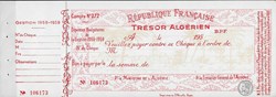TRÉSOR ALGÉRIEN Chèque vierge avec souche Exercice 1958 - 1959 Très bon état