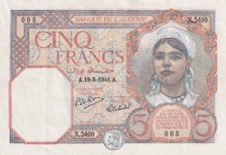 1941 Pick77b 5 Franc algérien Sup