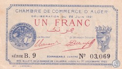 137-18-22/6/1921 Alger 1 Franc Cdc.()