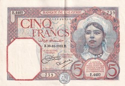 1933 Pick77a 5 Franc algérien Sup