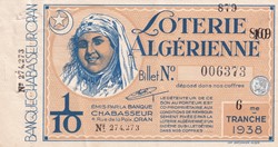 Loterie Algérienne 1/10éme 6éme Tranche 1938