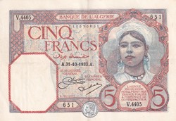 1933 Pick77a 5 Franc algérien Sup