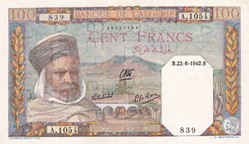 1942 Pick88 839 100 Franc algérien Unc