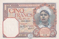 1941 Pick77b 5 Franc algérien 538 Unc